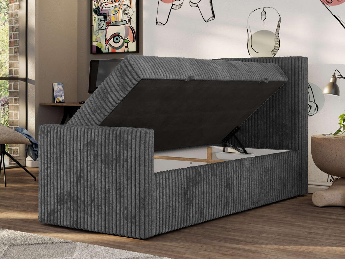 JUGENDBETT TILIO DUO 90/200 - Grau Cord - H4 - Rechts Seite - Grau, Textil (90/200cm) - MKS