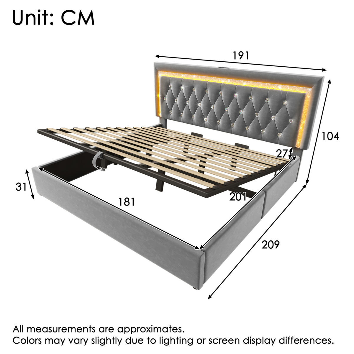 ČALÚNENÁ posteľ zo zamatu 180x200 cm sivá s LED osvetlením, USB-C a hydraulickým úložným priestorom - sivá, textil (180/200cm) - Modfu
