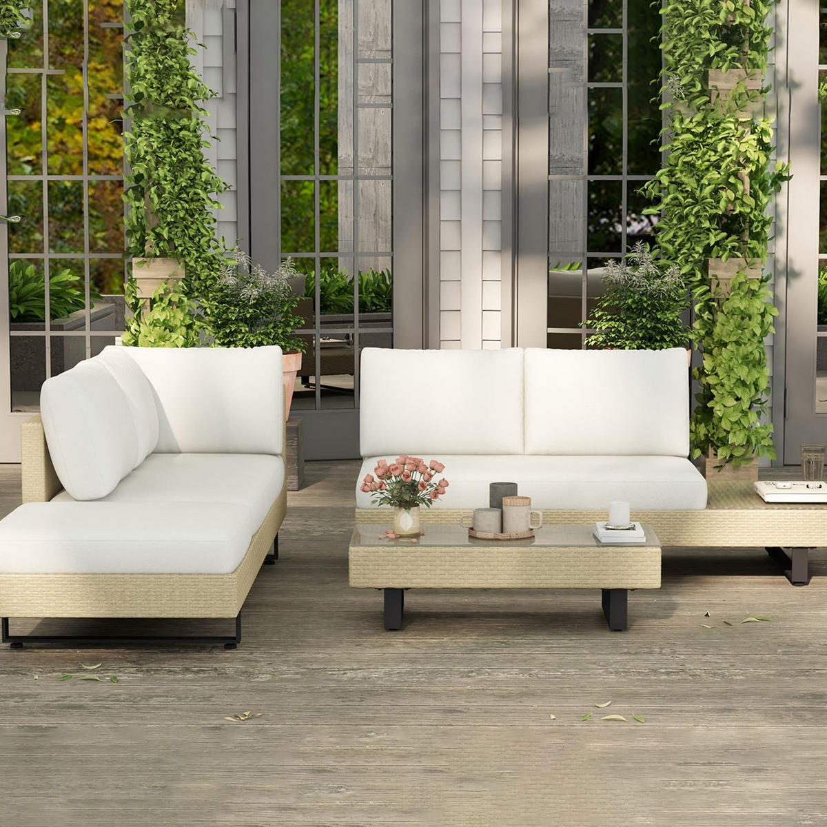 GARTENLOUNGE DE-13588 5‑sitzig mit Glastisch, abnehmbaren Bezügen Beige - Beige, Kunststoff/Metall - ComfortXL