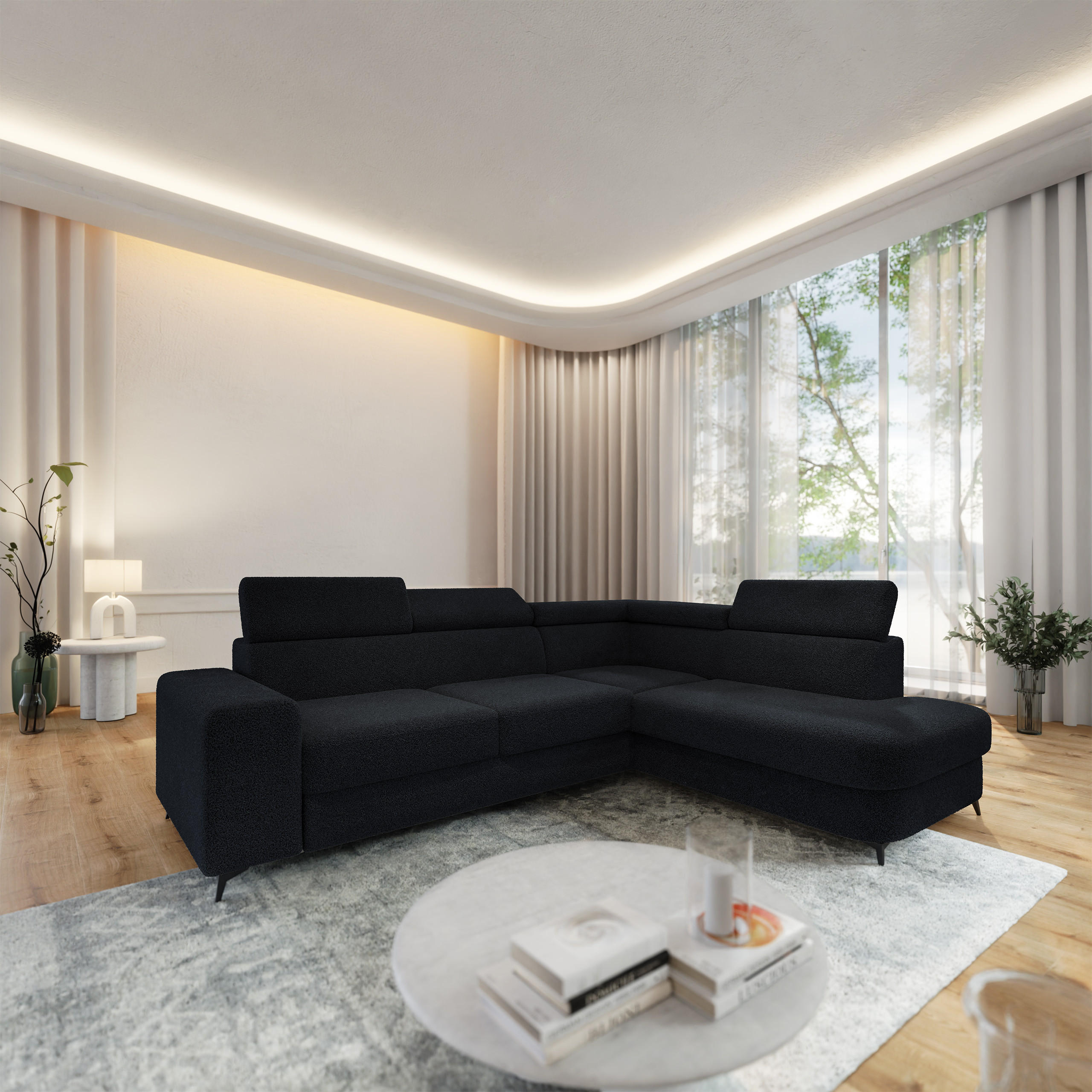 ECKSOFA ALVORO R-S Schwarz Boucle-Stoff mit Schlaffunktion - Schwarz, Holz (253/190cm) - MASSENO