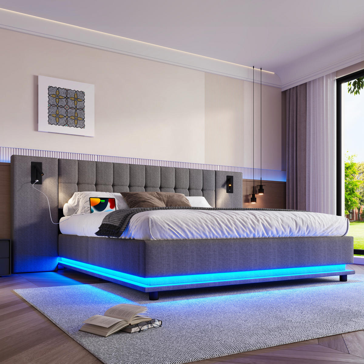 TAPECIRANI krevet 180/200 cm sivi od lana s LED rasvjetom, USB priključkom i uzglavljem sa spot svjetlom - siva, tekstil (180/200cm) - OKWISH