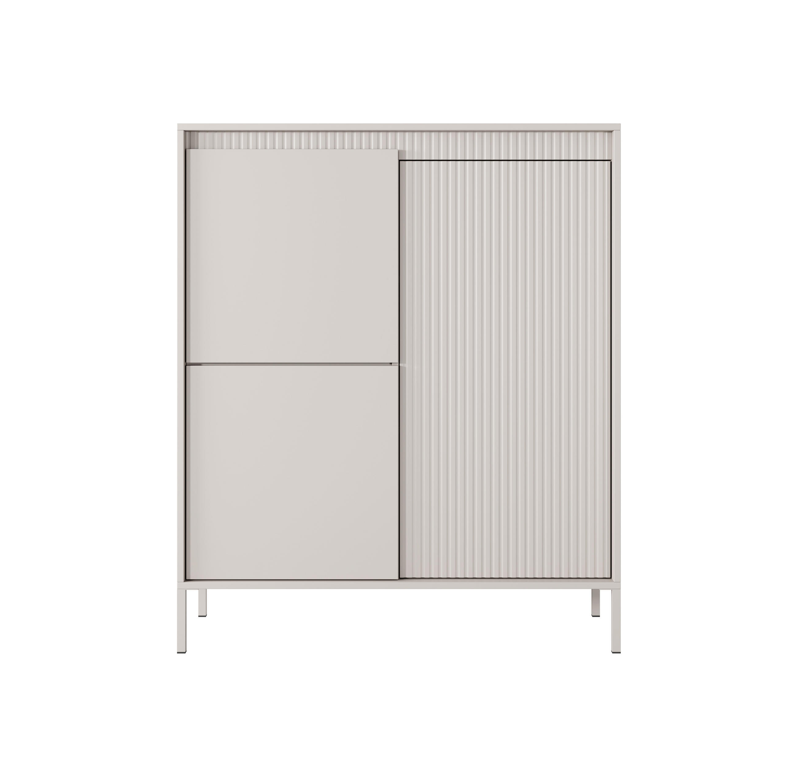 KOMMODE SENSO 3D Hoch, Geriffelte MDF-Fronten, Push-to-Open, Metallfüße, 103,5x123,4x39,5 cm - Beige - Beige/Creme, Holz/Holzwerkstoff (104/124/40cm) - DomoHome