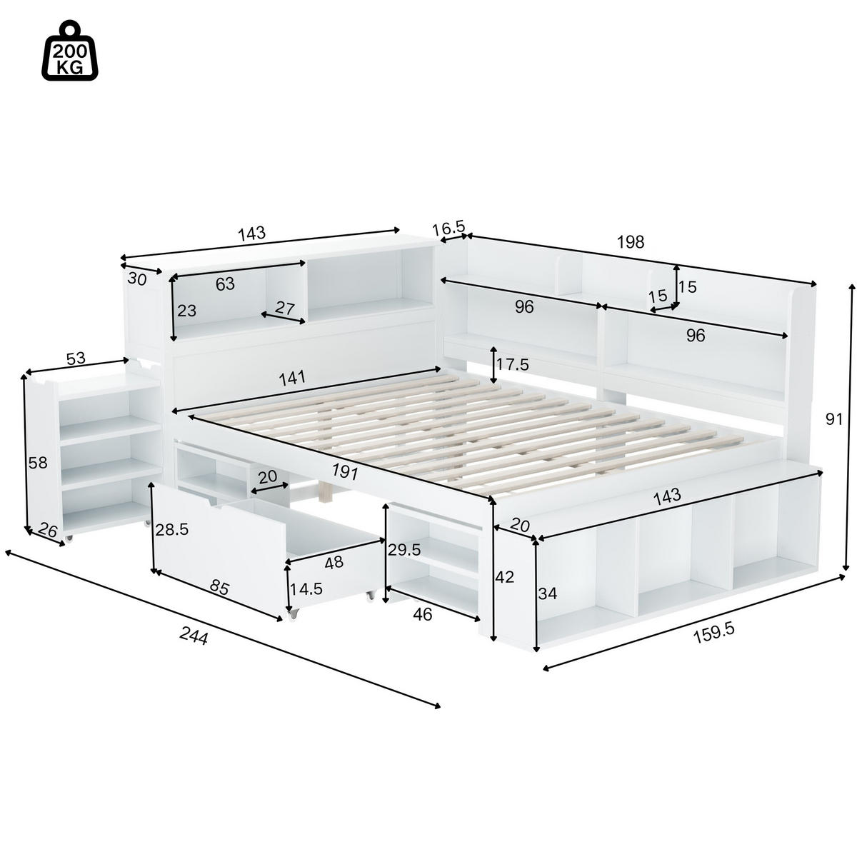 KINDERBETT 140/190 cm Weiß mit Schubladen und Lattenrost aus Sperrholz - Weiß, Holzwerkstoff (140/190cm) - OKWISH
