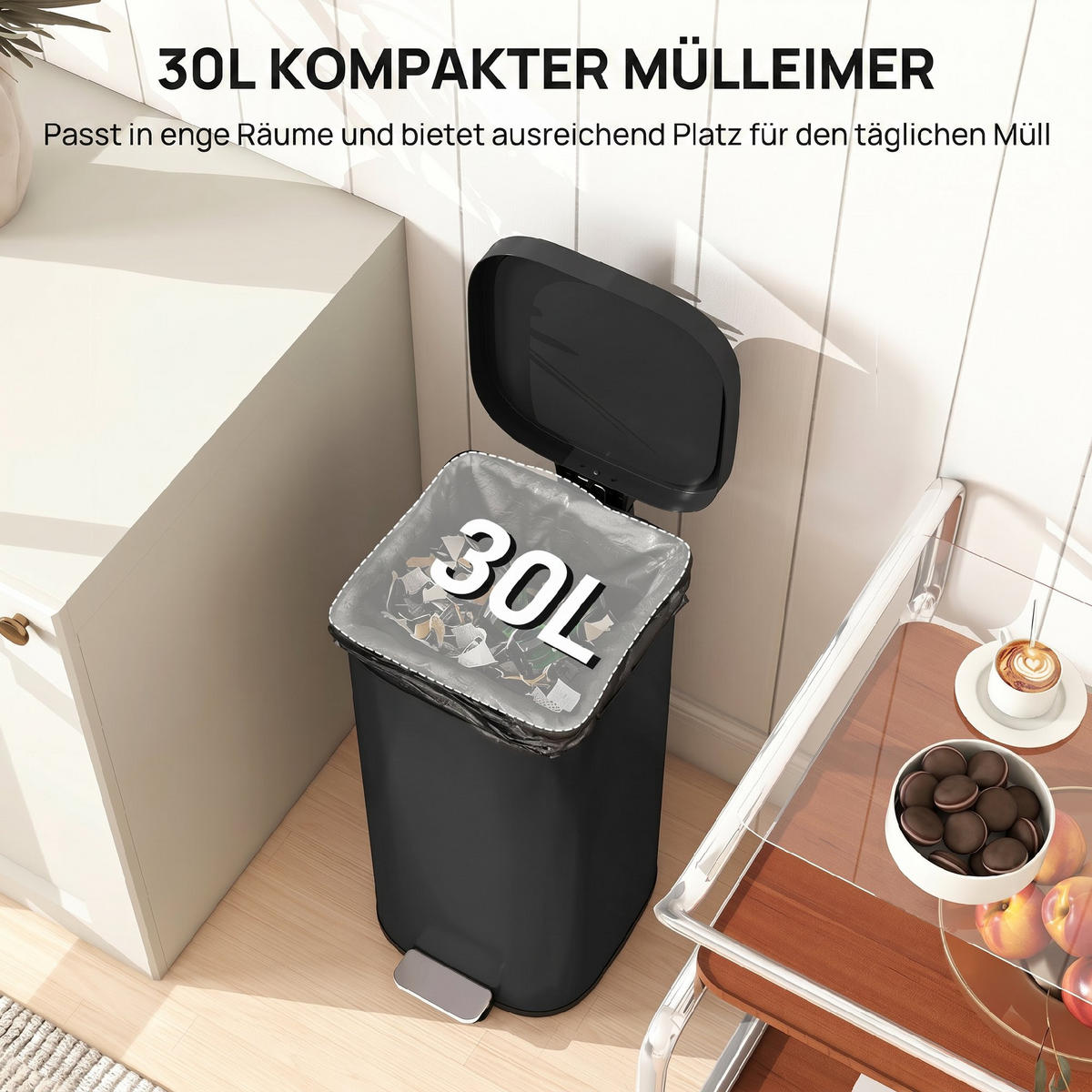 MÜLLEIMER Metall Kunststoff Schwarz - Schwarz, Metall (29/59.5/36cm) - HOMCOM