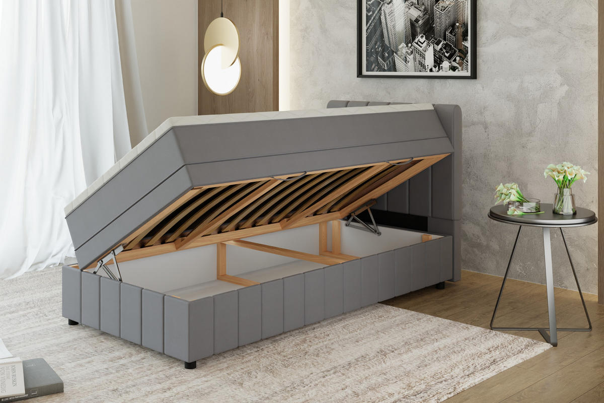 BOXBETT AVALON 100 x 200 cm mit Bettkasten und Topper - Dunkelgrau - Dunkelgrau, Holz - Panda Möbel