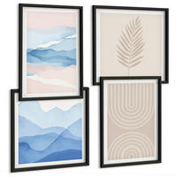 BILDER SET 4er Set - 50x50 cm & 40x60 cm Schwarzer Rahmen - Blätterwellen beige blau - Schwarz, Kunststoff (50/50cm) - TULUP