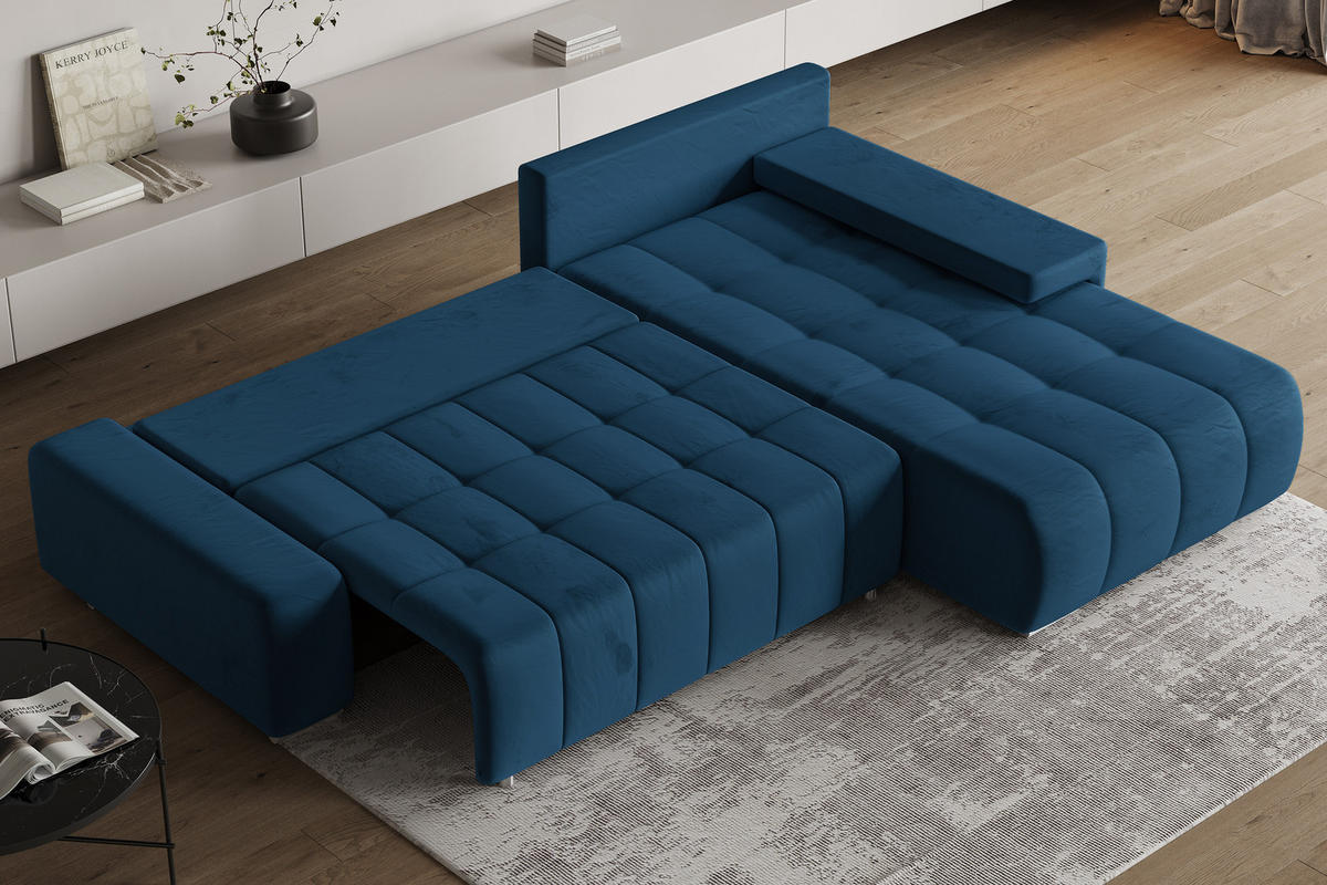 ECKSOFA ALESE R-S Blau Velours-Stoff mit Schlaffunktion - Blau, Holz (265/185cm) - MASSENO