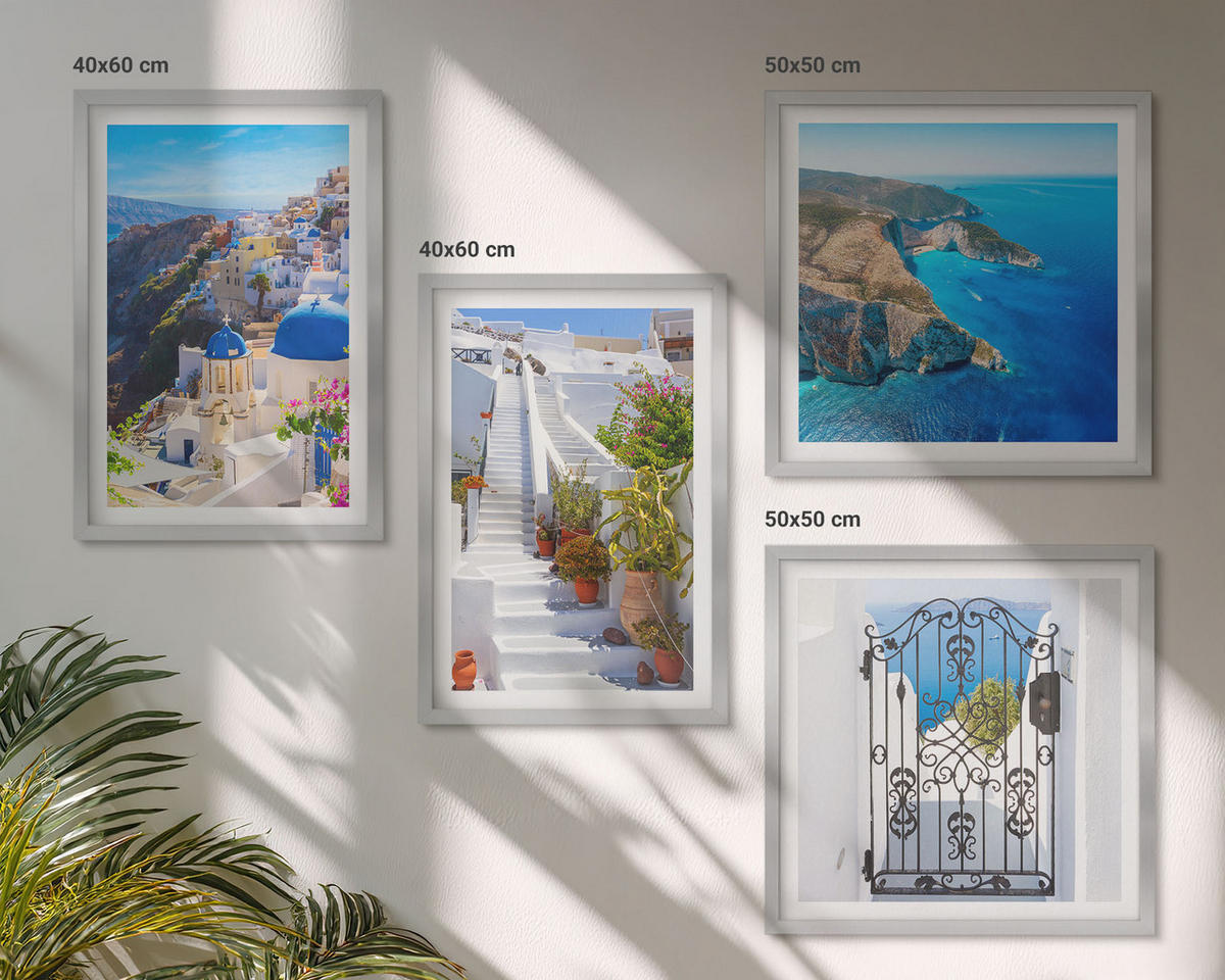 WANDBILDER 4er Set - 50x50 cm & 40x60 cm Silberner Rahmen - Griechische Architektur auf Santorin, Oia - Silberfarben, Kunststoff (50/50cm) - ArtPrintCave