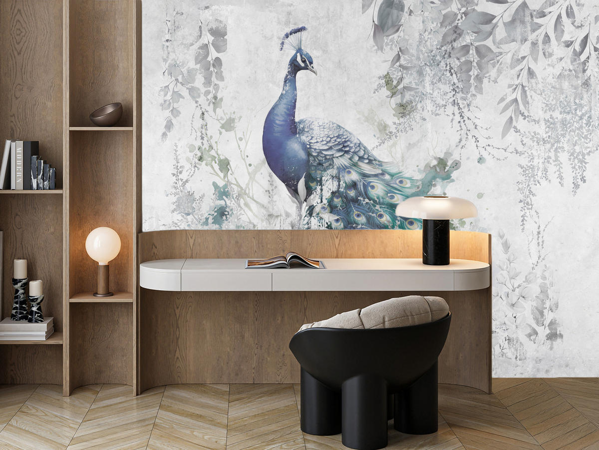 FOTOTAPETE für Schlafzimmer Abstrakte Vogel Pfau Beton Blätter 500x350 - Türkis/Blau, Papier (500/350cm) - Muralo