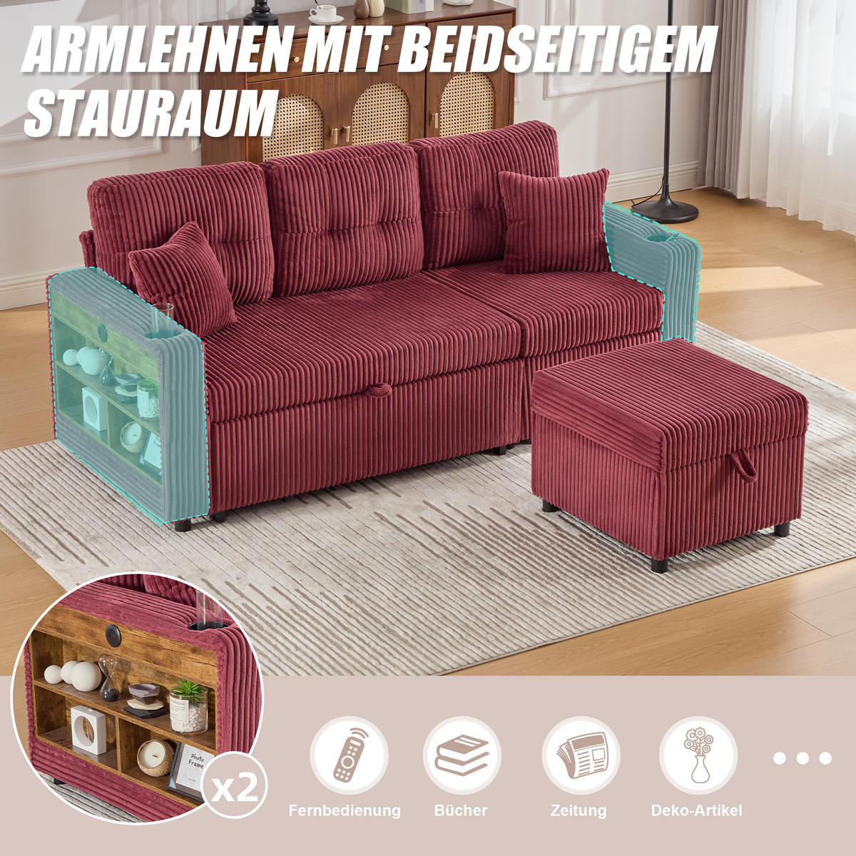 SCHLAFSOFA aus Cord mit Stauraum, Ausziehbett und USB-C - Weinrot, Textil (196/85/82cm)