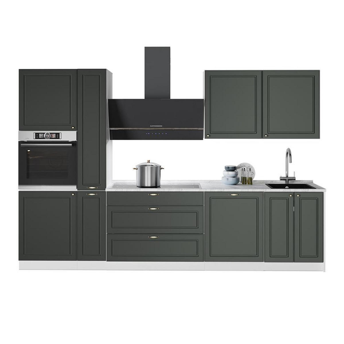 KÜCHENZEILE Fame-Line, Grün-Gold Landhaus/Weiß, 310 cm, AP Eiche - Weiß/Grün, Holzwerkstoff (310/206.8/60cm) - Vicco