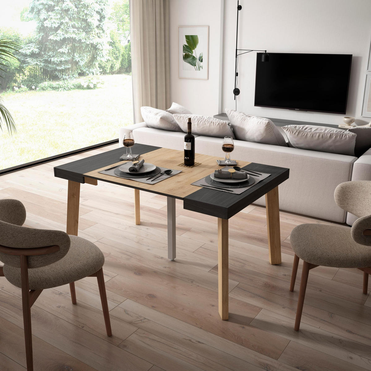 KONSOLENTISCH ausziehbar 58 bis 140cm, für 6 Gäste, eiche, schwarz, 90/58/73cm - Eichefarben/Schwarz, Holzwerkstoff (90/140/73cm) - Skraut Home