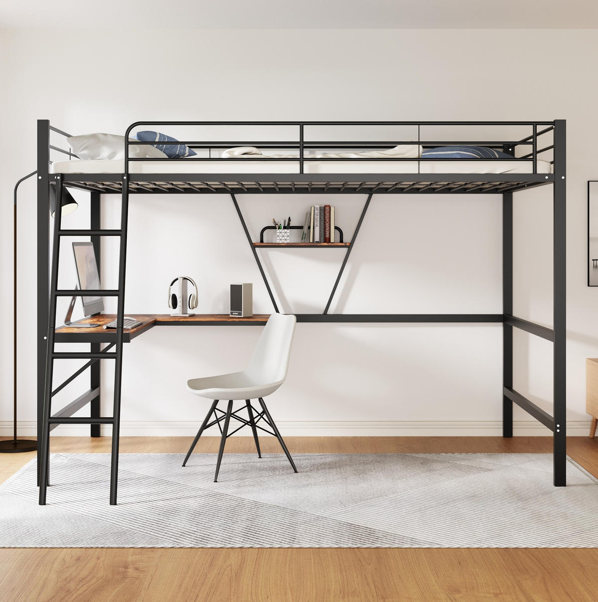 HOCHBETT 90/200 cm Schwarz aus Metall mit L-förmigem Schreibtisch und Regal - Schwarz, Metall (90/200cm) - OKMYHOME