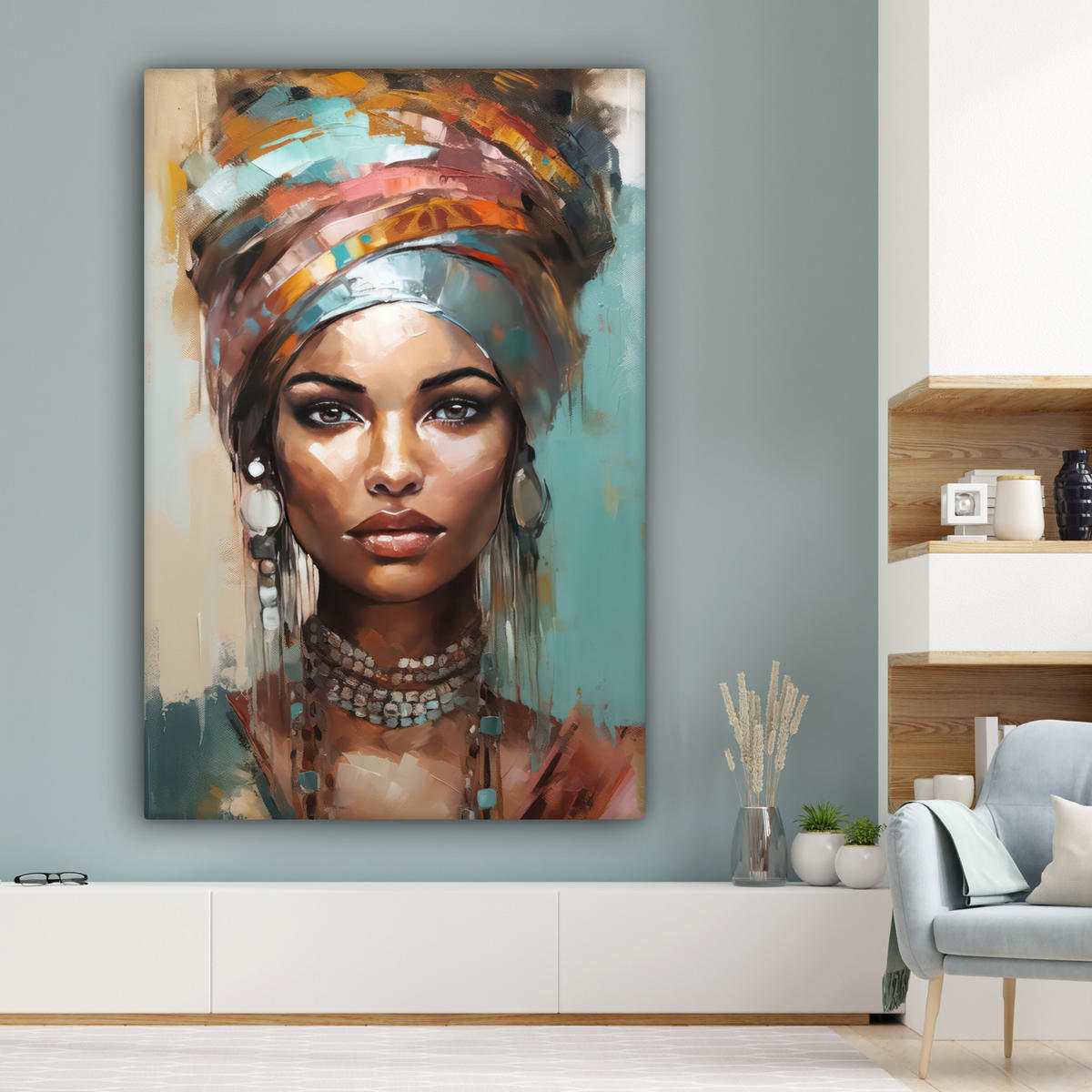 LEINWANDBILD Frau - Kunst - Schmuck - Porträt Deko Groß 90x140 cm - Blaugrau, Textil (90/140cm) - MuchoWow
