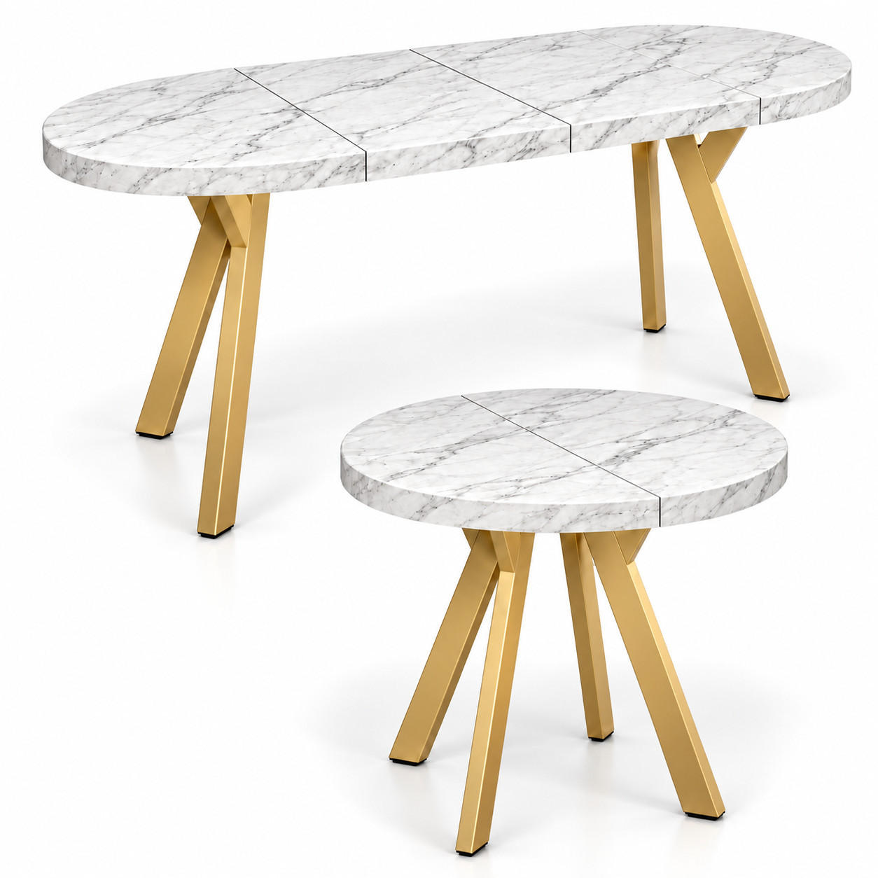 ESSTISCH rund ausziehbar 100/200/76 cm, Marmor, 54 cm Tischplatte + Y Metallgestell Gold - Goldfarben/Hellgrau, Holzwerkstoff/Metall (100/200/76cm) - Damale Möbel
