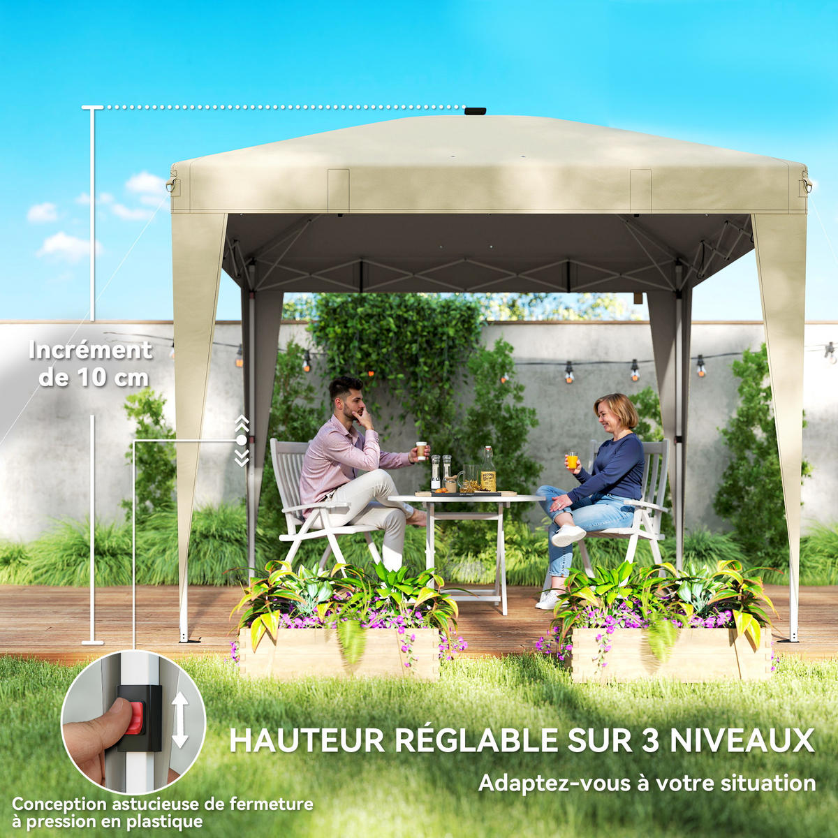 PAVILLON DE-14066 mit Beleuchtung, höhenverstellbar, Fernbedienung Creme - Creme, Metall (297/288/297cm) - ComfortXL