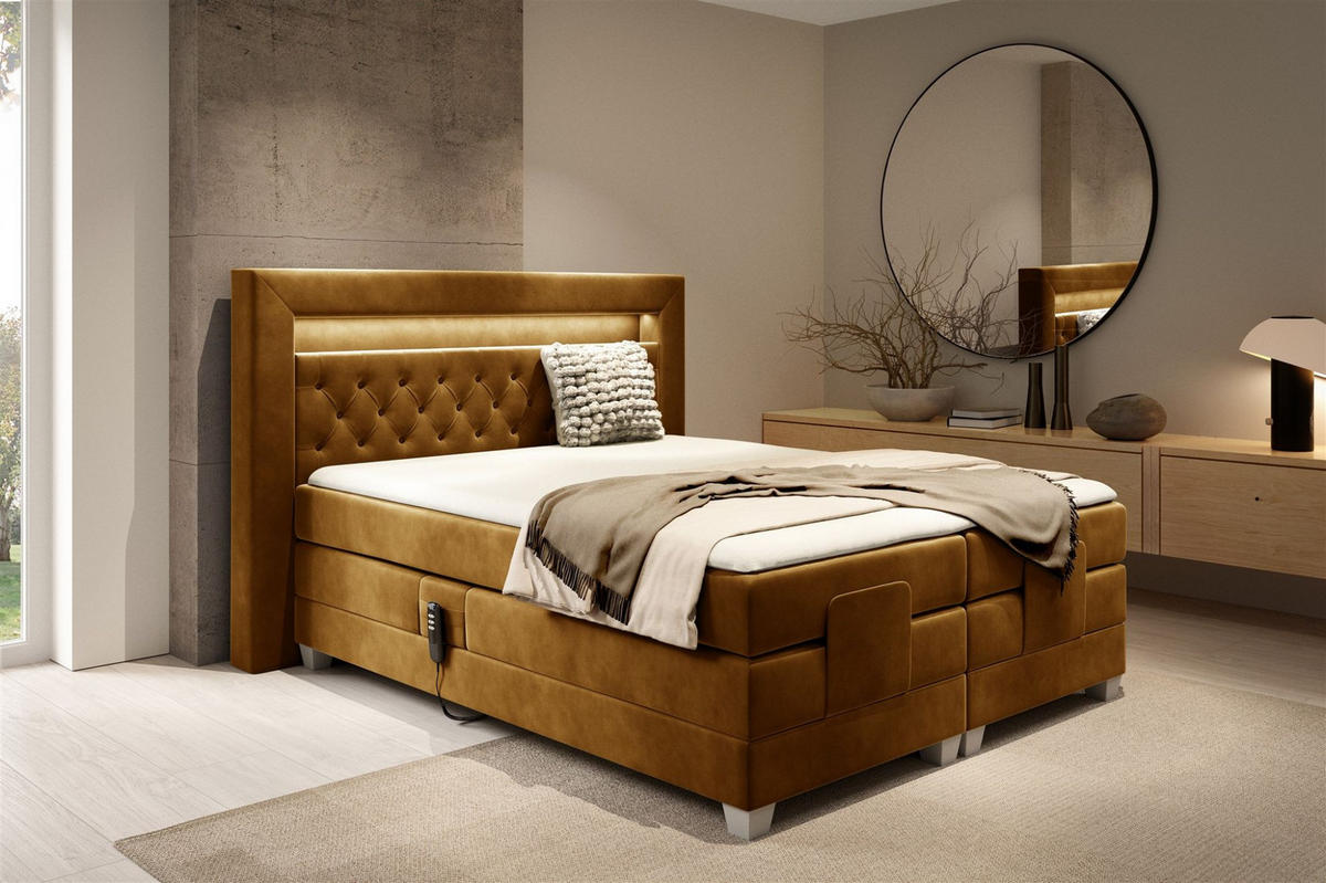 BOXSPRINGBETT Bett Elektrisch Armando - Currygelb, Holzwerkstoff/Textil (200/200cm) - Fun Möbel
