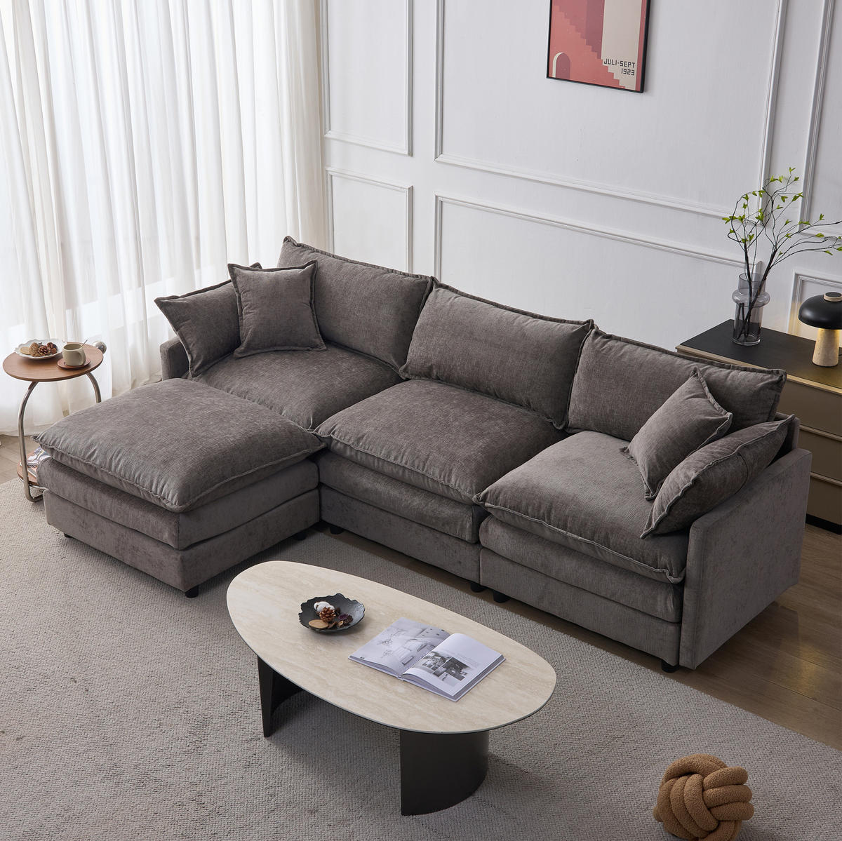 ECKSOFA 266/160/83 cm aus Chenille mit modularem Hocker Grau - Grau, Textil (154/267cm) - Modenvie