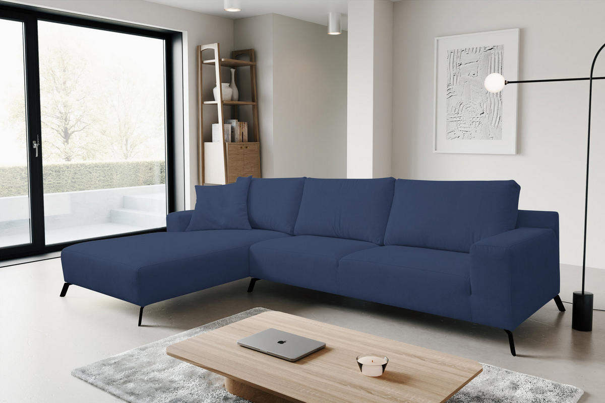 ECKSOFA Aspen in L-Form, Coach Farbe: Blau, Velourstoff, Ottomane Links - Blau, Textil (187/312cm) - VENASI MÖBEL