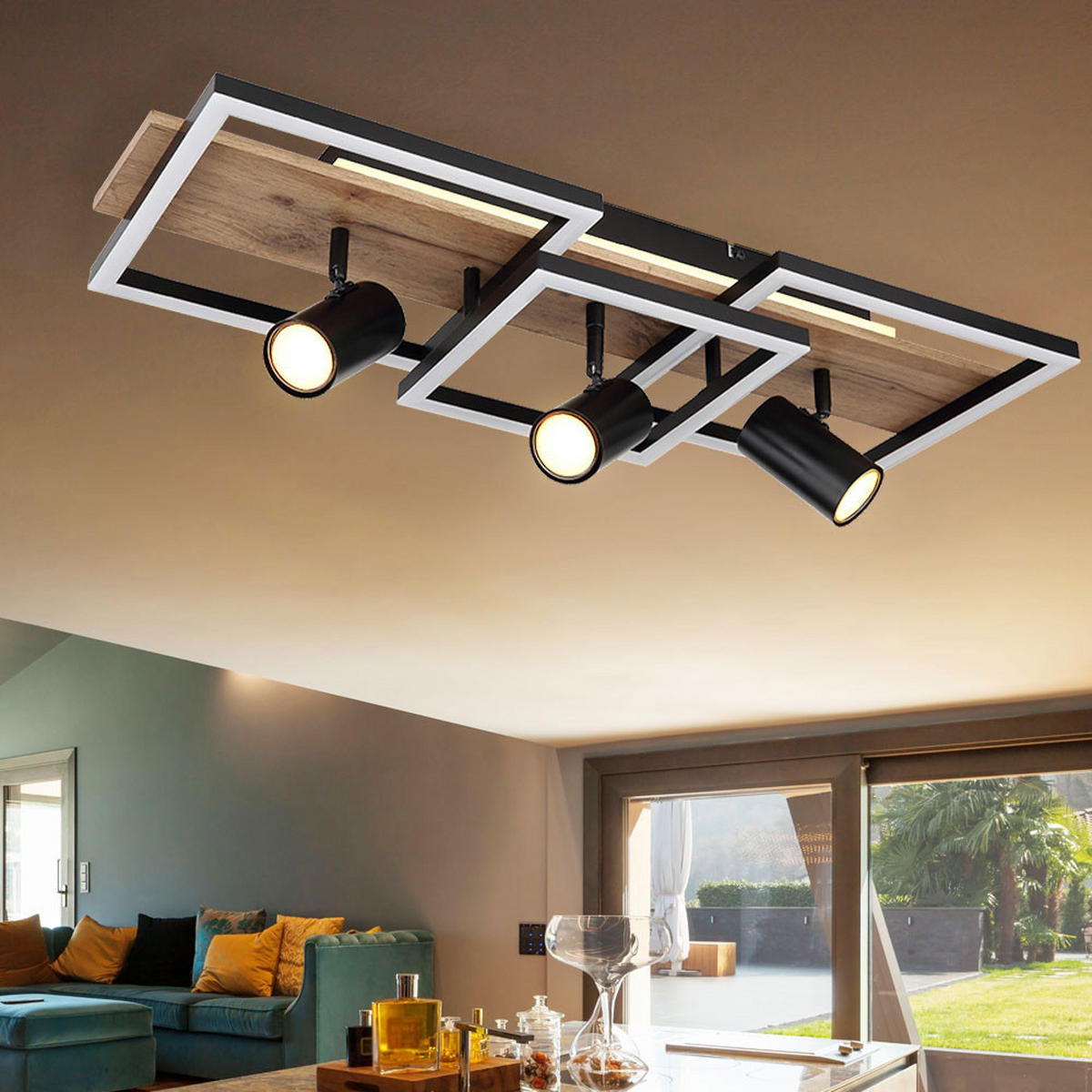 LED DECKENLEUCHTE Metall Holzoptik Schwarz 3-flammig - Schwarz, Metall (72/27/18cm) - Globo Lighting