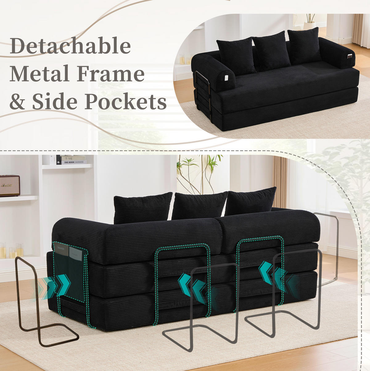 SOFA 200/94/67 cm in Schwarz aus Cord mit modularer Funktion und 3 Kissen - Schwarz, Textil (94/67/200cm) - Flora Grace