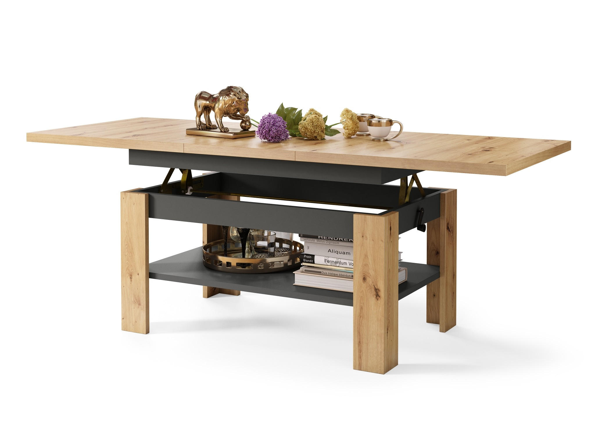 COUCHTISCH rechteckig Eiche Artisan - Anthrazit ausziehbar höhenverstellbar - Anthrazit/Eiche Artisan, Holzwerkstoff (65/130/58cm) - designimpex