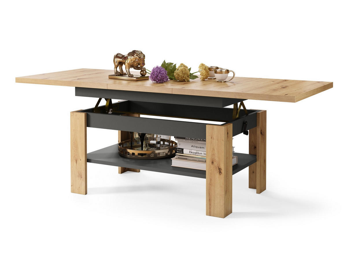 COUCHTISCH rechteckig Eiche Artisan - Anthrazit ausziehbar höhenverstellbar - Anthrazit/Eiche Artisan, Holzwerkstoff (65/130/58cm) - designimpex