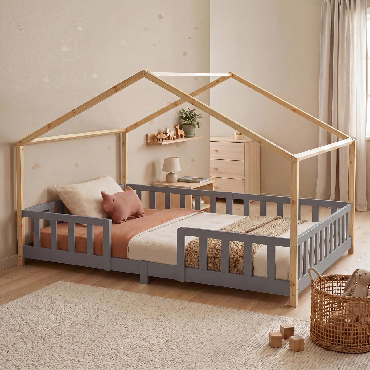 HAUSBETT Treviolo - Hellgrau/Naturfarben, Holz (120/200cm) - [en.casa]