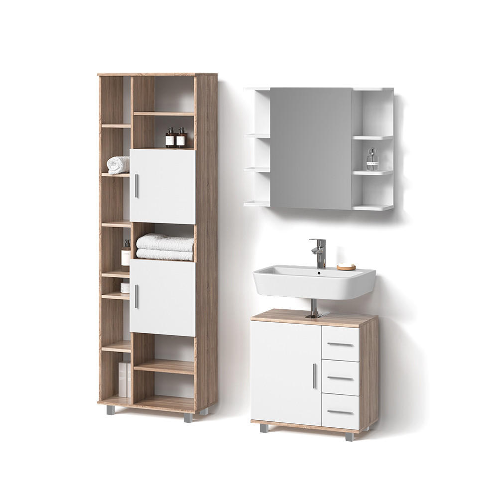 BADMÖBEL-SET Eisak Sonoma 3 Teile, mit Hochschrank - Weiß/Sonoma Eiche, Holzwerkstoff (60/60/33cm) - Livinity®