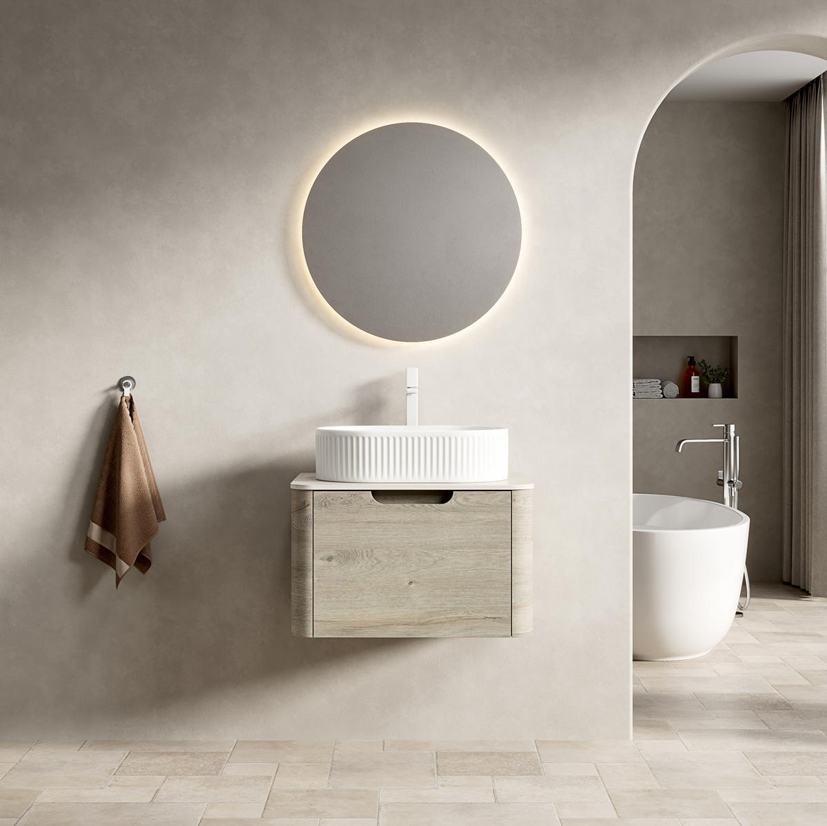 WASCHTISCHKOMBI 60x46x50.2cm Beige/Weiß mit ovalem Keramikbecken & Travertin-Arbeitsplatte - Creme, Keramik (60/50.2/46cm) - Modfu