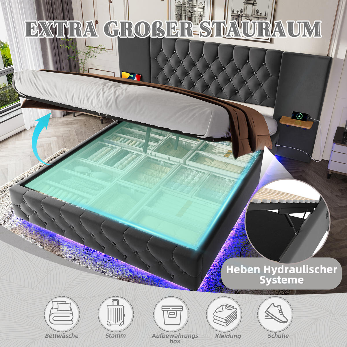 POLSTERBETT aus Samt 140x200 cm in Grau mit LED & USB & Stauraum - Grau, Textil (140/200cm) - Modfu