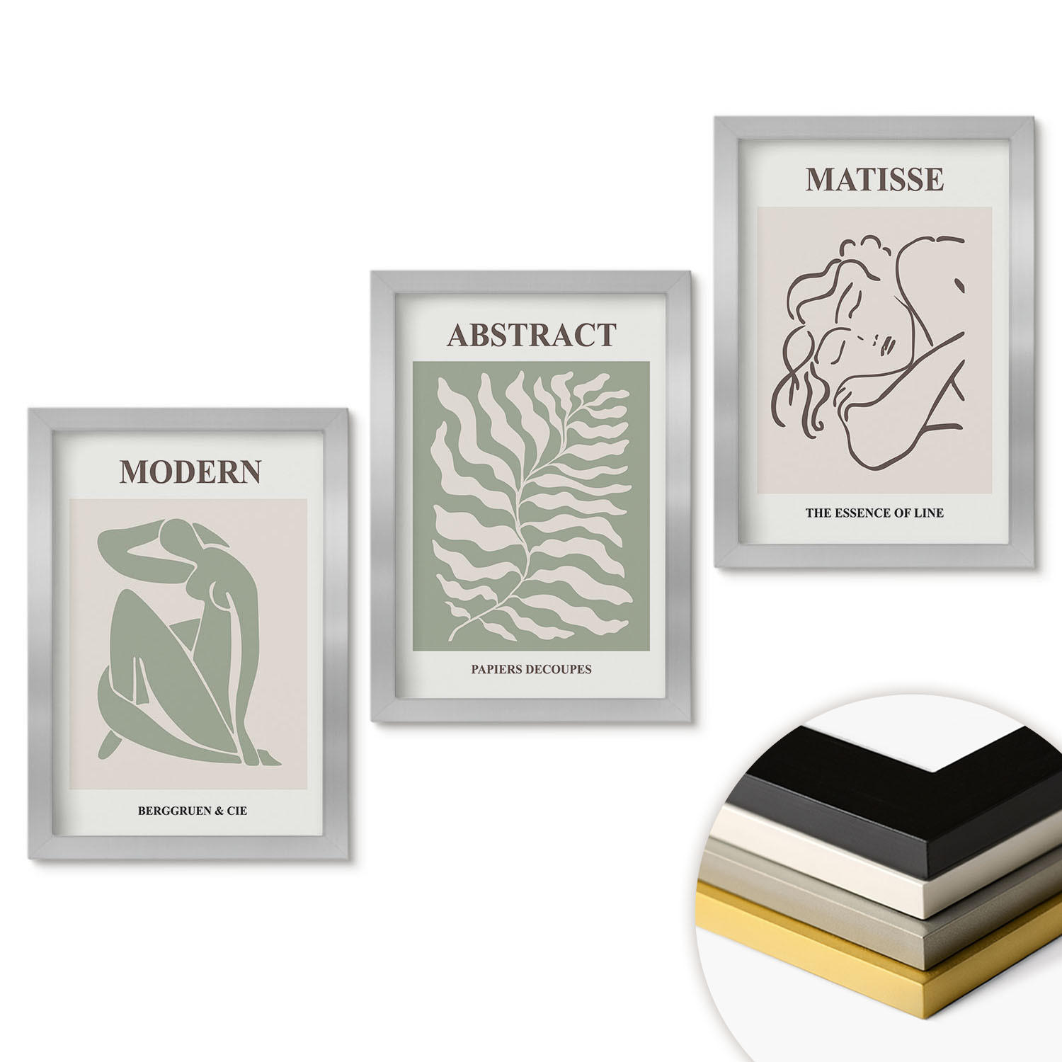 WANDBILDER 3er Set - 20x30 cm Silberner Rahmen - Stilvolle grüne Gemälde mit Figuren - Silberfarben, Kunststoff (20/30cm) - ArtPrintCave