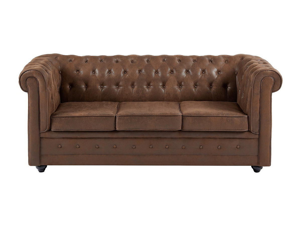 SOFA mit Schlaffunktion 3-Sitzer - Mikrofaser - Vintage-Leder-Optik - CHESTERFIELD - Braun, Textil (204/85/89cm) - Vente-Unique