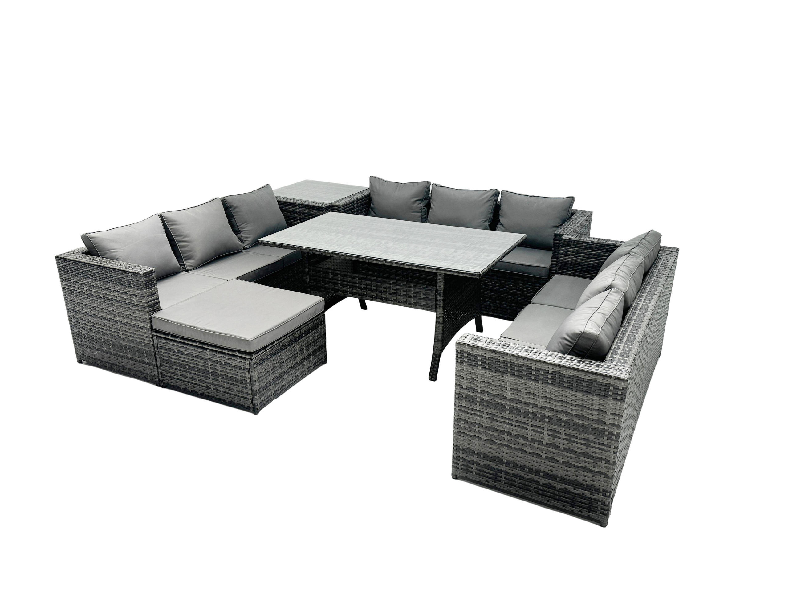 GARTENMÖBEL SET mit Hocker,Esstisch Polyrattan 10-Sitzer - Dunkelgrau/Grau, Glas/Kunststoff - Fimous