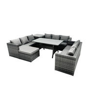 GARTENMÖBEL SET mit Hocker,Esstisch Polyrattan 10-Sitzer - Dunkelgrau/Grau, Glas/Kunststoff - Fimous