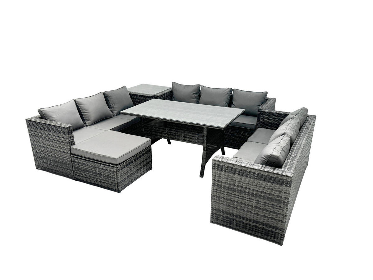 GARTENMÖBEL SET mit Hocker,Esstisch Polyrattan 10-Sitzer - Dunkelgrau/Grau, Glas/Kunststoff - Fimous