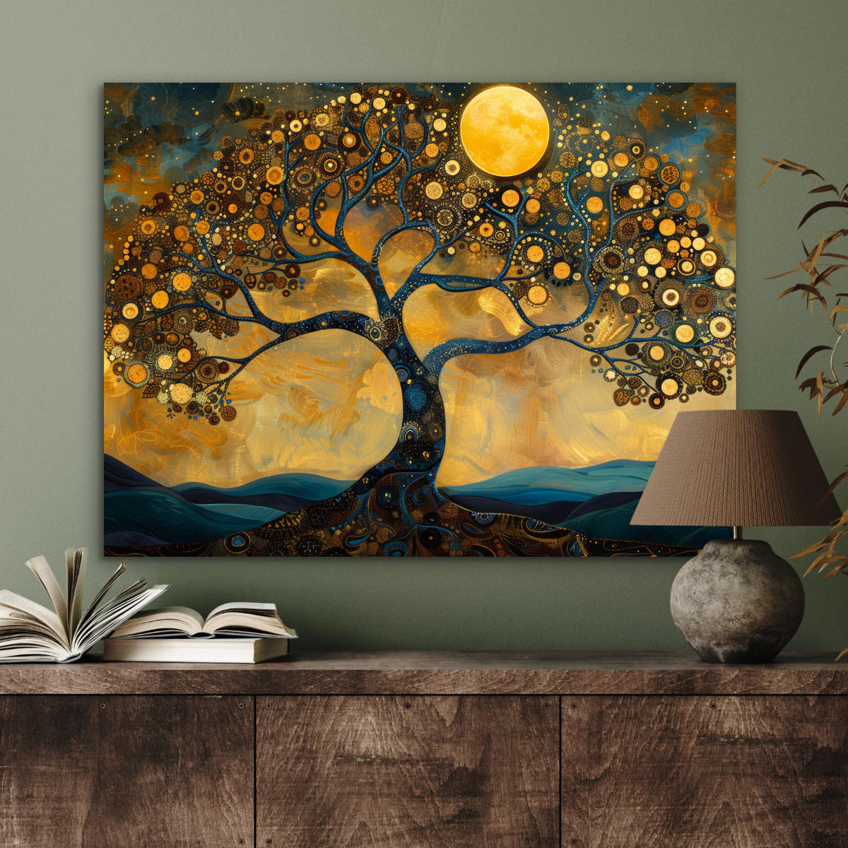 METALLBILD Baum - Mond - Blumen - Gold - Kunst 80x60 cm - Orange, Metall (80/60cm) - MuchoWow