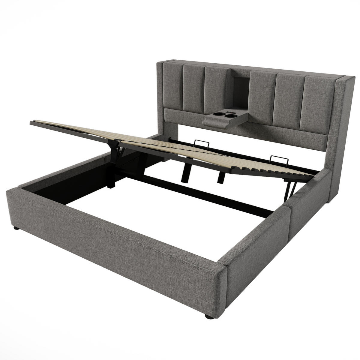 POLSTERBETT 160/200 cm Grau aus Leinen mit Stauraum und USB-Ladestation mit Matratze - Grau, Textil (160/200cm) - OKWISH