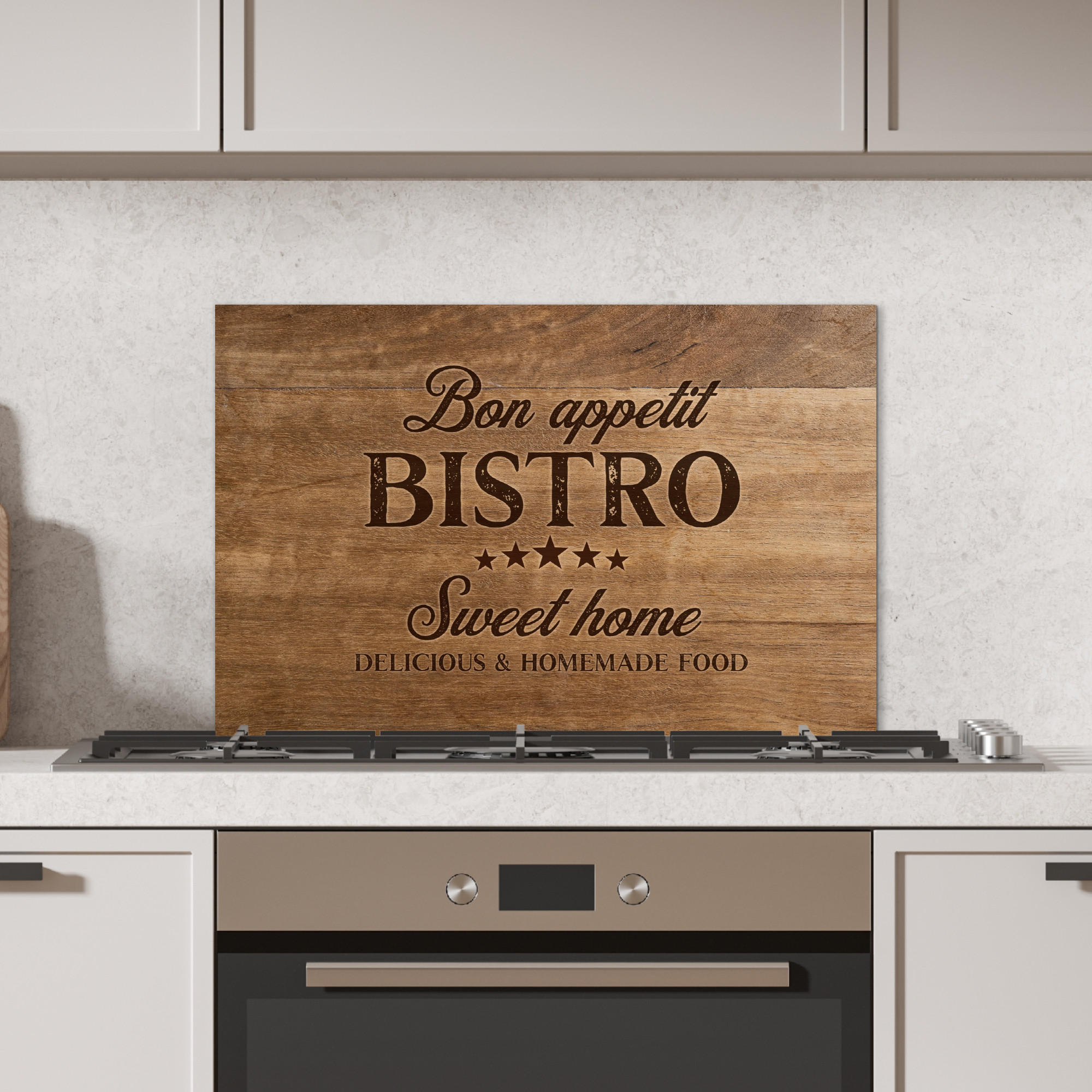 SPRITZSCHUTZ KÜCHE Zitat - Bistro - Guten Appetit - Süßes Zuhause - Holzmaserung 60x40 cm - Braun, Metall (60/0.3/40cm) - MuchoWow