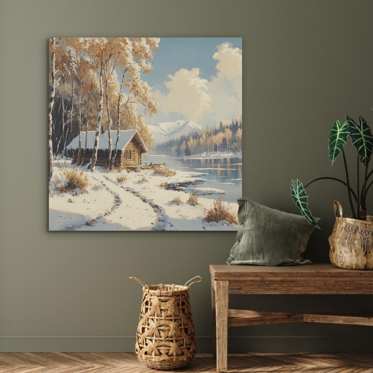 AKUSTIKPANEEL Winter - Schnee - Zuhause - Natur 90x90 cm - Hellbraun, Textil (90/0.9/90cm) - MuchoWow