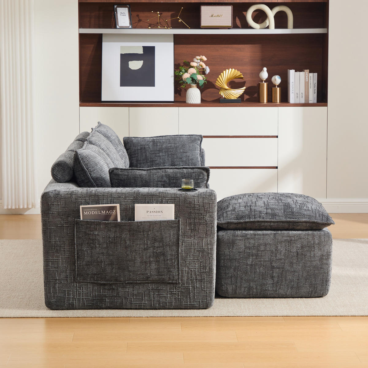 SOFA modulares 3-Sitzer mit Hocker 256 x 161 cm Chenille Dark Gray - Dunkelgrau, Holzwerkstoff (161/256cm) - Meubliv