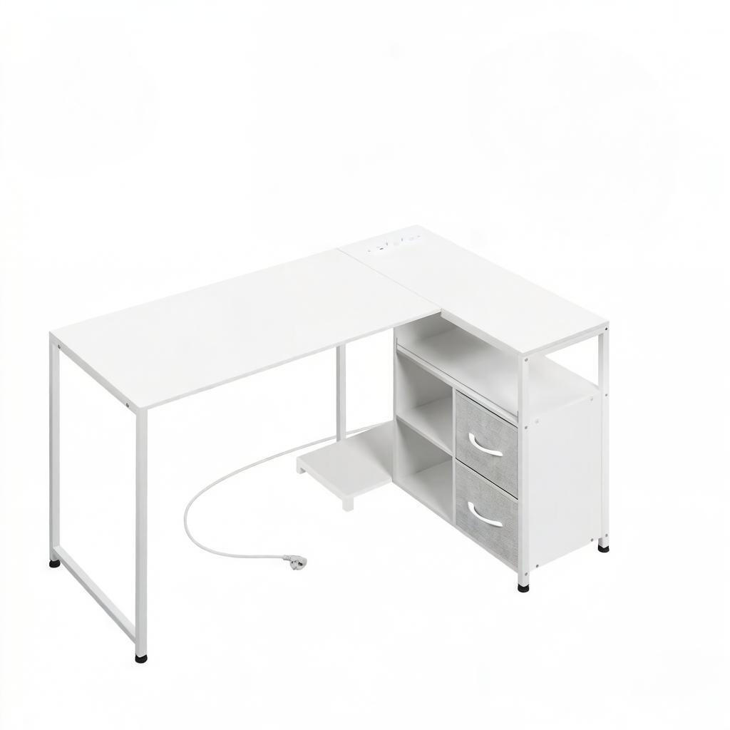 ECKSCHREIBTISCH Weiß 120/80/76 cm mit Stromanschluss USB Typ-C & Stoffschubladen - Weiß, Metall (120/80/76cm) - PANGIVO