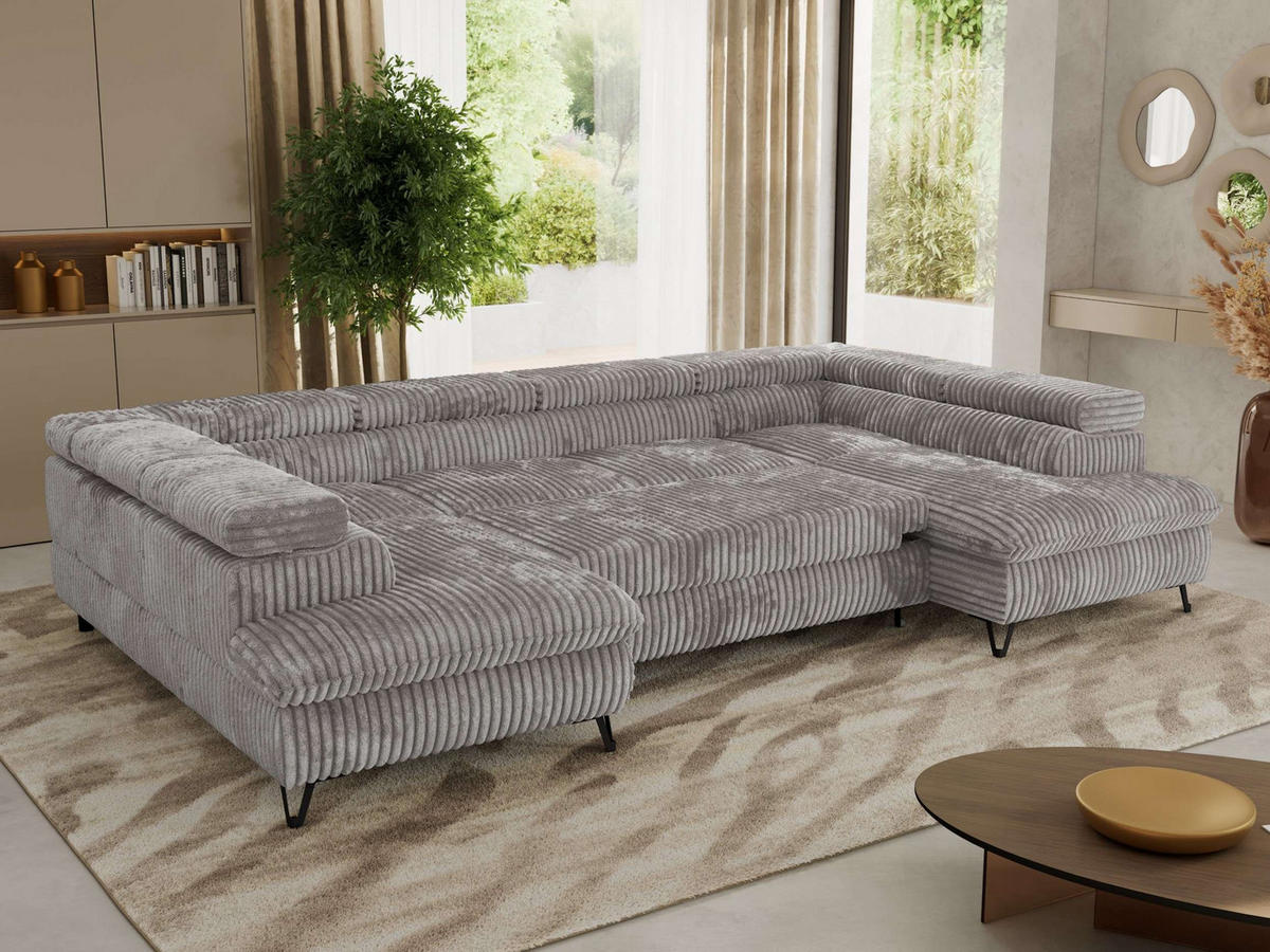 WOHNLANDSCHAFT PABLO U Cord Hellgrau - Hellgrau/Schwarz, Textil/Metall (346/76/208cm) - MKS