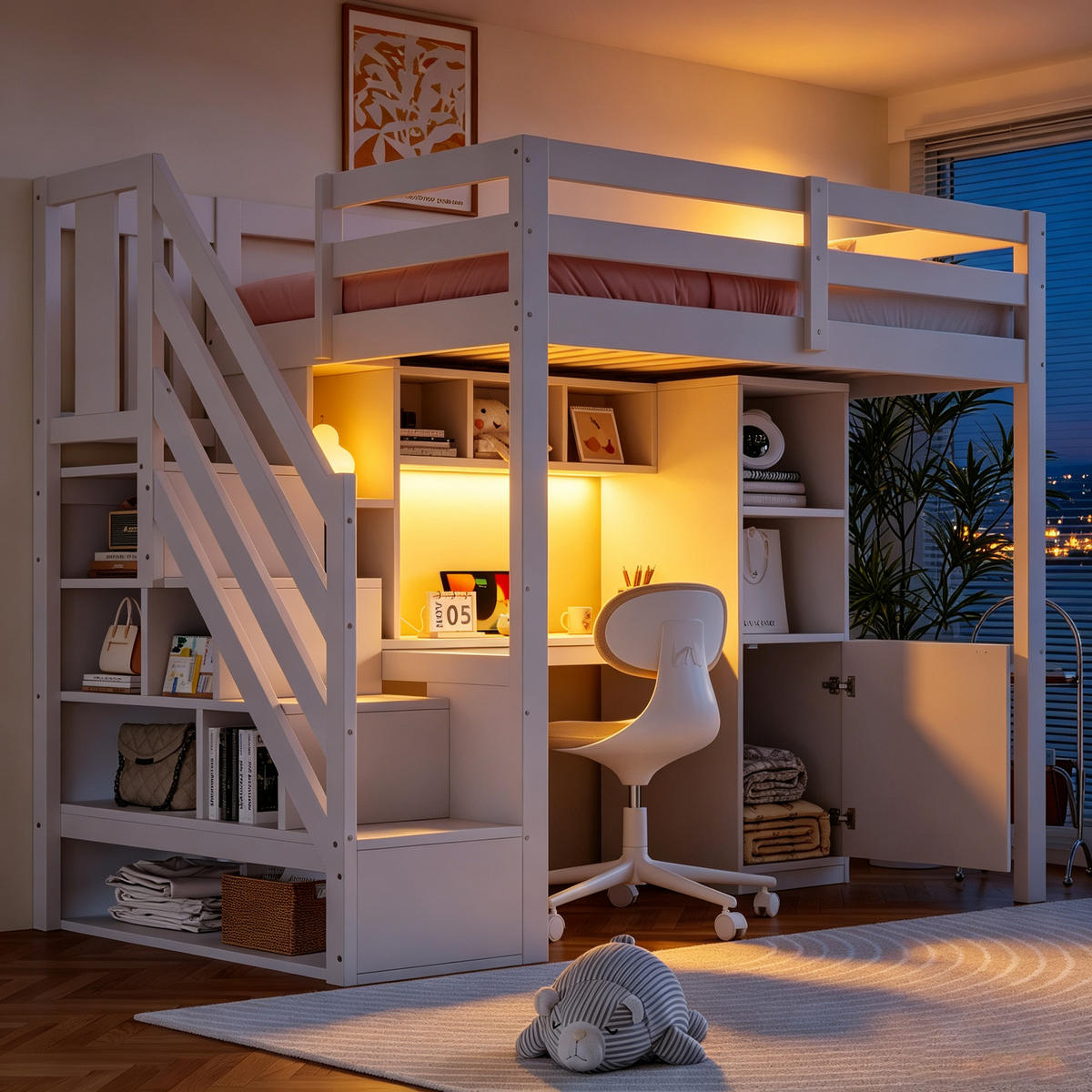 HOCHBETT 90x200cm Holz Schreibtisch LED Stauraum Weiß - Weiß, Holz (90/200cm) - FLIEKS