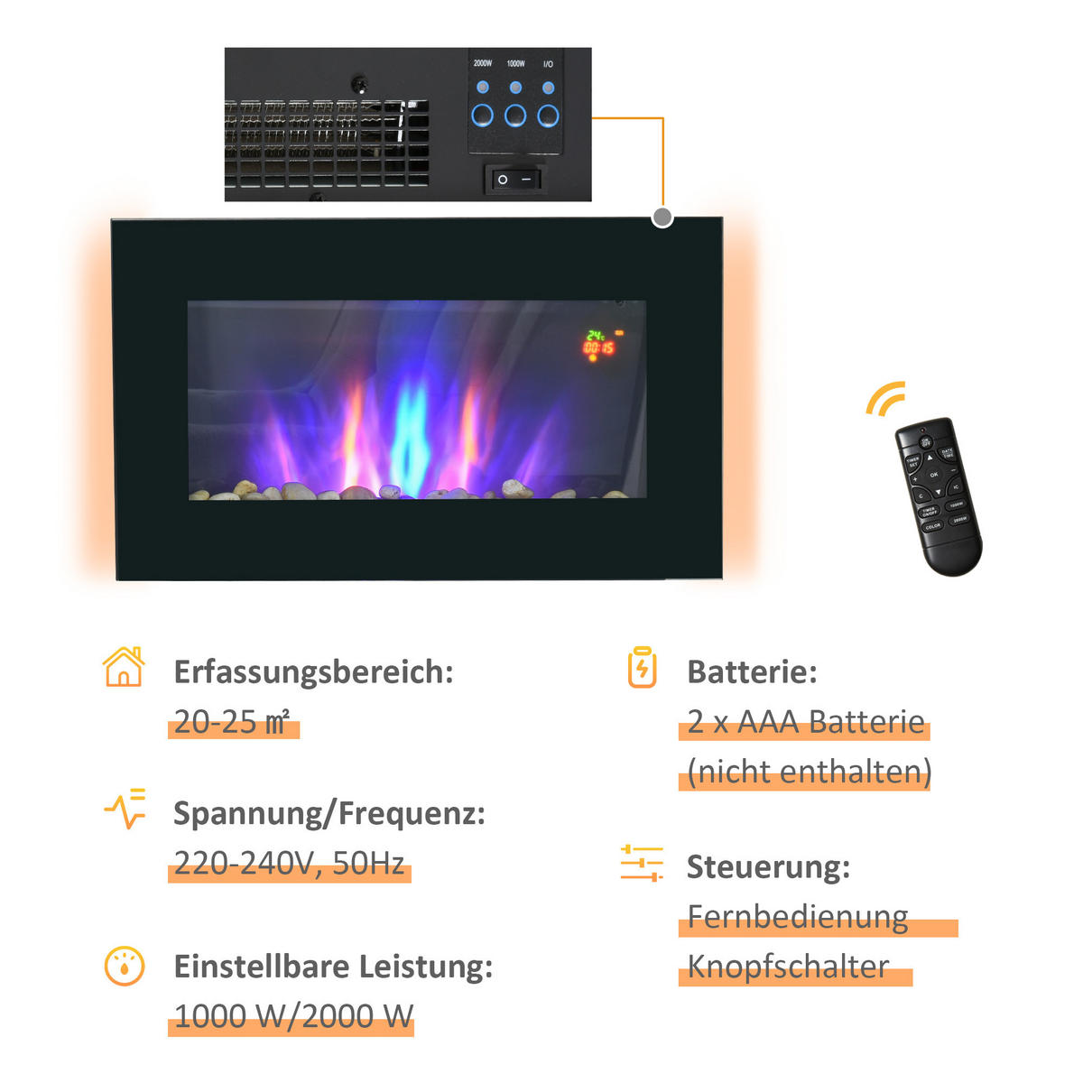 ELEKTROKAMIN 1000/2000W - Schwarz, Metall (11.5/40/72.5cm) - HOMCOM
