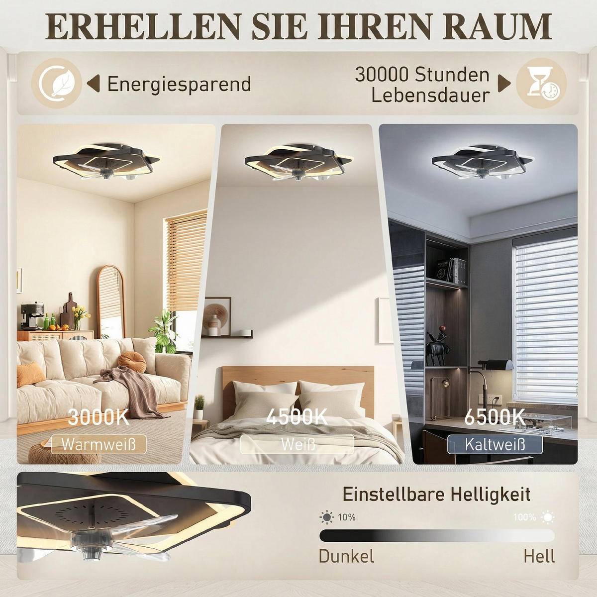DECKENVENTILATOR-MIT-LICHT Stahl Acryl Schwarz - Schwarz, Metall (53/53/12.5cm) - HOMCOM