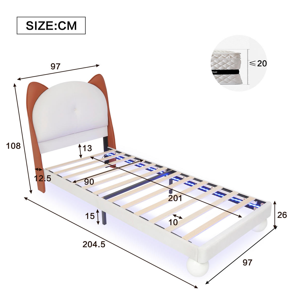 POLSTERBETT 90/200 cm Beige und Gelbbraun mit Katzenohren-Kopfteil und LED-Beleuchtung - Beige, Kunststoff (90/200cm) - OKWISH