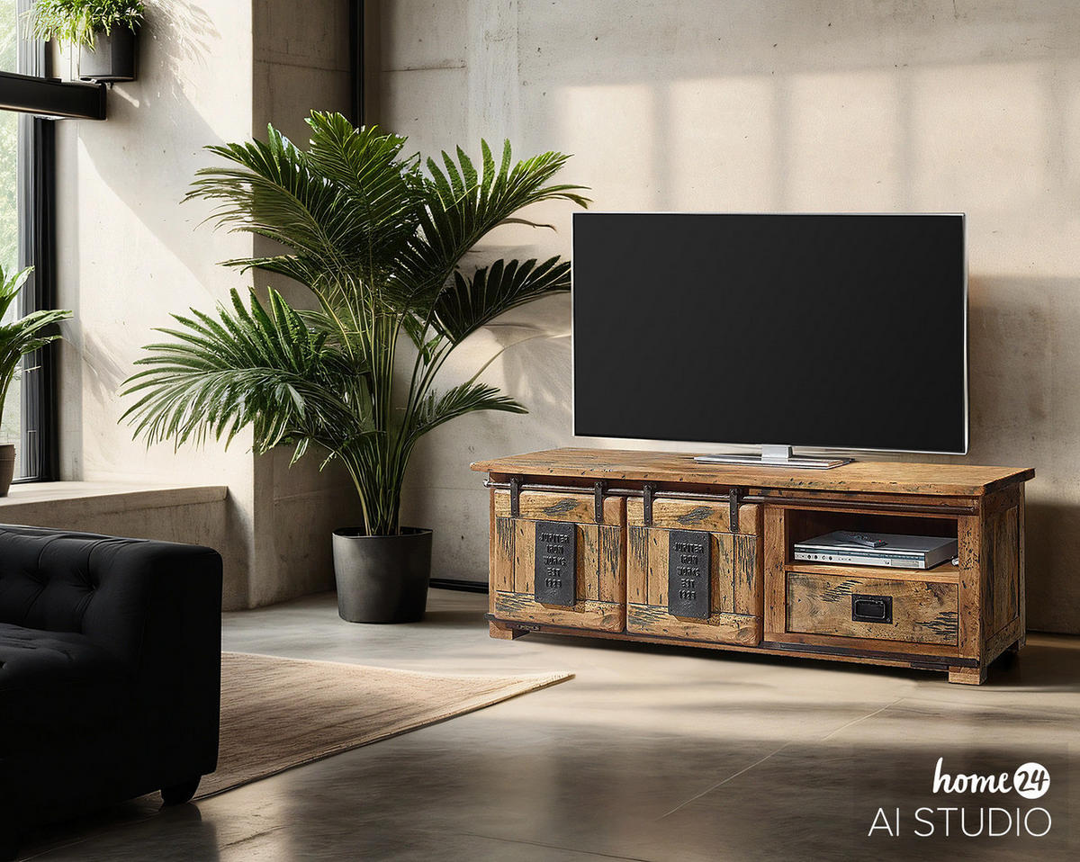 TV-LOWBOARD - Mango massiv / Eisen - Mango / Schwarz - Braun, Holz/Metall (160/45/50cm) - home24