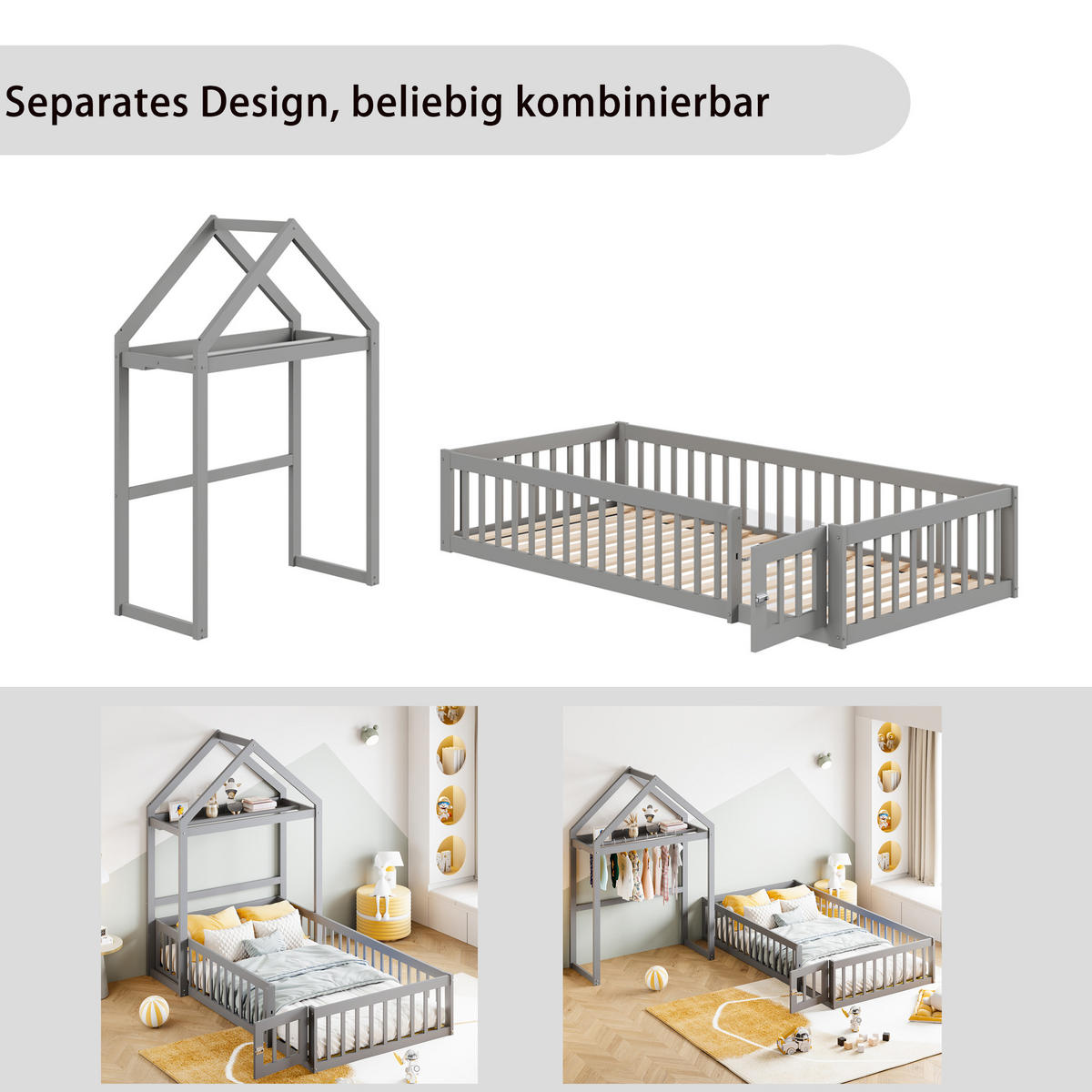 KINDERBETT 90x200 cm Stauraum grau - Grau, Holz (90/200cm) - LEBENLANG