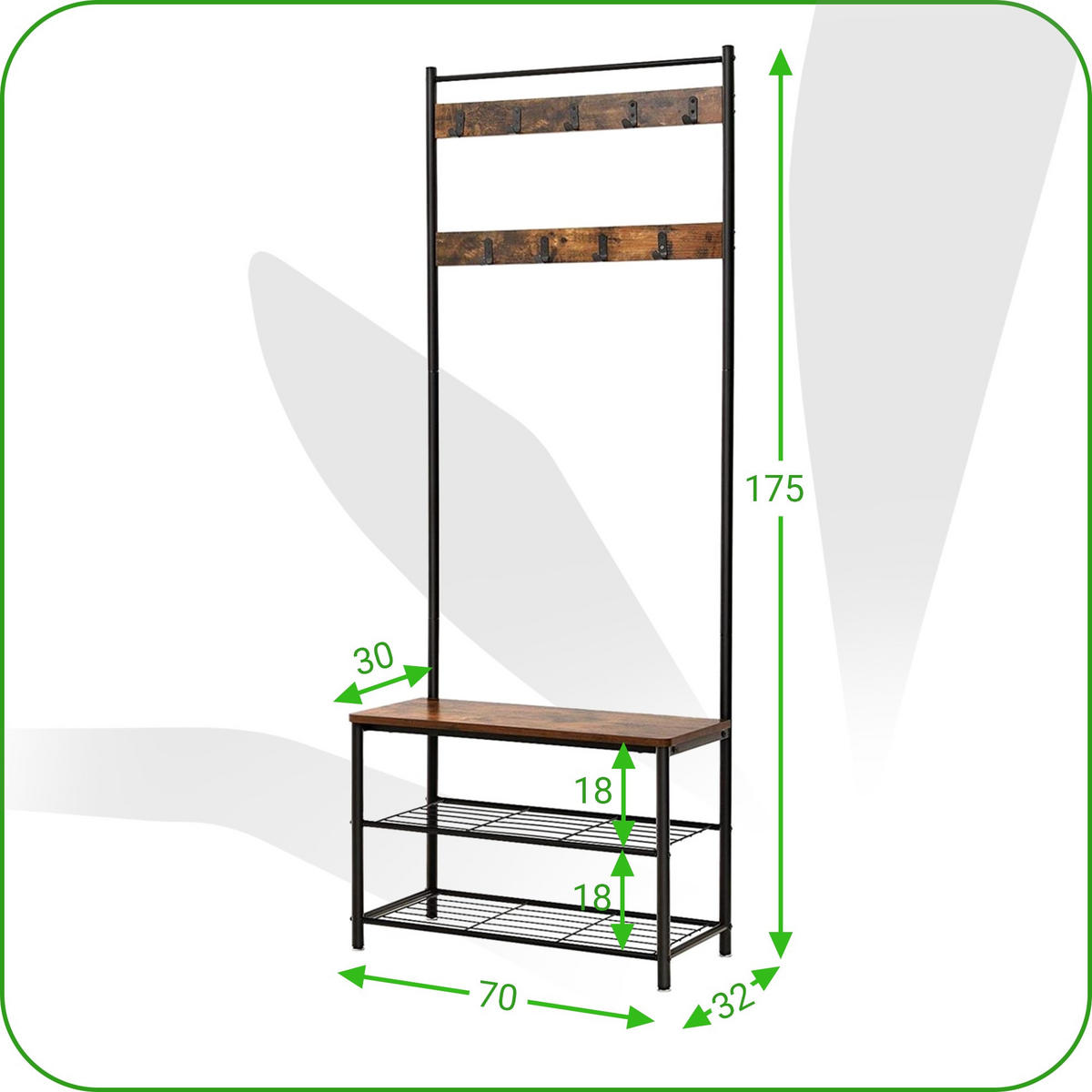 GARDEROBENBANK Holzoptik Metall Dunkelbraun Schwarz mit Schuhablage 175x70x32 cm - Dunkelbraun/Schwarz, Holzwerkstoff/Metall (32/175/70cm) - Begryf